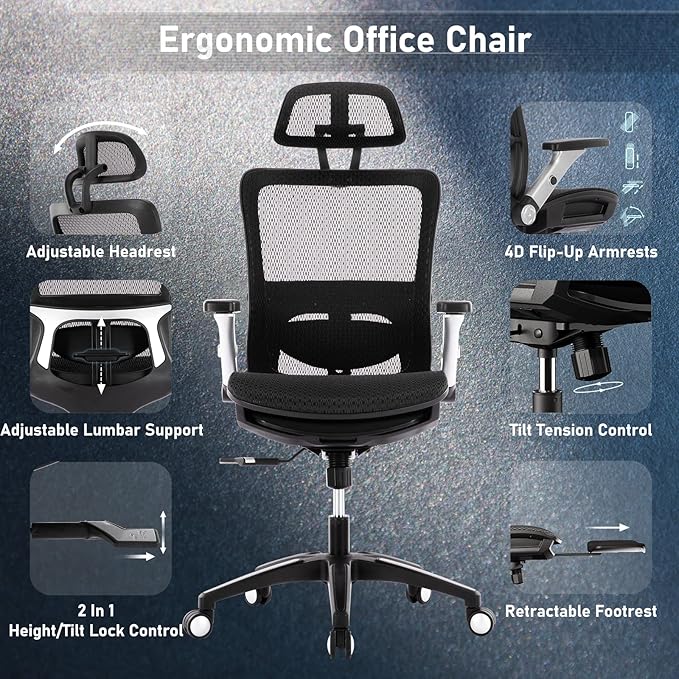 COLAMY Ergonomic Mesh Office Chair with Footrest, High Back Computer Executive Desk Chair with Headrest and 4D Flip-up Armrests, Adjustable Tilt Lock and Lumbar Support-Black-DeskLoop Office