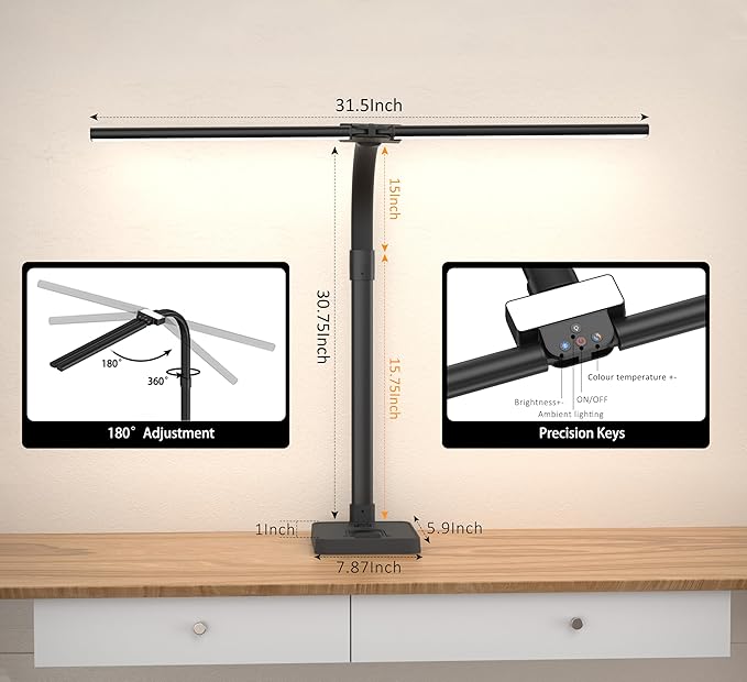 Double Head LED Desk Lamp, Architect Desk Lamps for Home Office, 24W Brightest Workbench Office Lighting-5 Color Modes and 5 Dimmable Eye Protection Modern Desk Lamp (Black-Desktop, Big)-DeskLoop Office