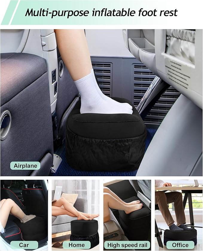 JefDiee Inflatable Travel Foot Rest Pillow, Kids Airplane Bed, Adjustable 3 Layers Height Leg Rest Pillow, Adults Travel Essentials Great for Airplane, Office, Home, Trains, Cars (Black)-DeskLoop Office