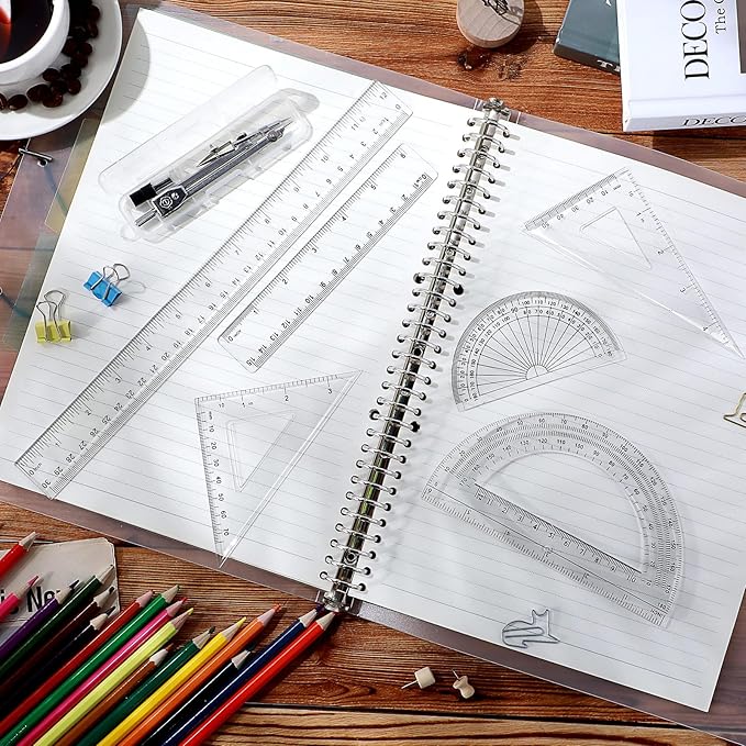 Zonon 1 Set Plastic Geometry Math Set Includes Drawing Compass, 6 and 4 Inch Protractor, 45/60 Degree Triangle Rulers 12 and 6 Inch Math Ruler Transparent for Office Supplies(Clear)-DeskLoop Office