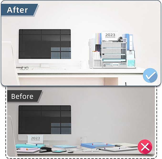 SUPEASY Mesh Desk Organizer with File Holder, 5-Tier Paper Letter Tray Organizer with Magazine Holder, Desktop Organizer and Storage with Drawer for Office Supplies Home or School, White-DeskLoop Office