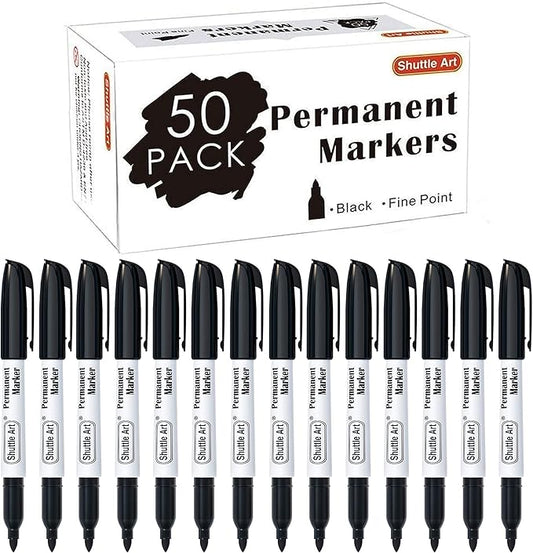 Shuttle Art Permanent Markers, 50 Pack Black Permanent Marker set,Fine Point, Works on Plastic,Wood,Stone,Metal and Glass for Doodling, Marking-DeskLoop Office