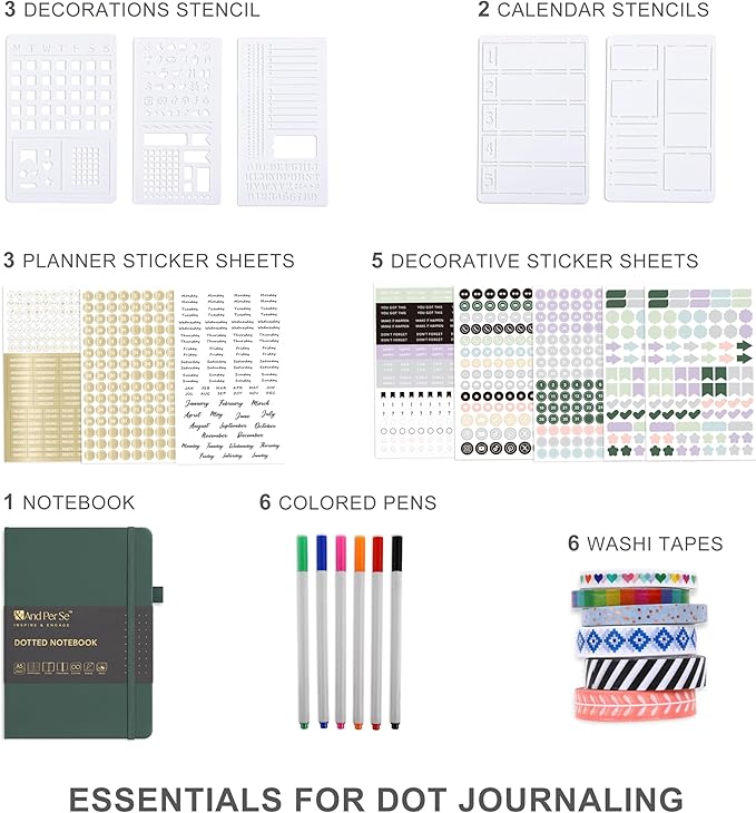 &And Per Se Dotted Journal Notebook Set, A5 Hardcover Dotted Journal (Green), 6 Fineliner Pens, 8 Sticker, 5 Stencil Sheets & 6 Washi Tapes, Journaling Supplies for Planner Schedule-DeskLoop Office