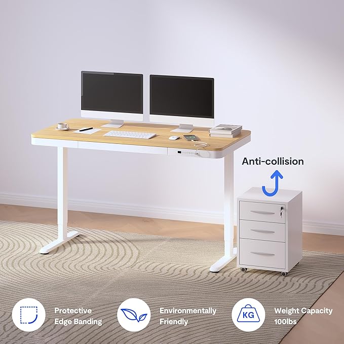 FLEXISPOT 55" Electric Standing Desk with Drawers, Quick Assembly Home Office Sit Stand Desk with Storage, USB Charging, Computer Desk for Home Office (Maple Top + White Adjustable Frame, Comhar)-DeskLoop Office