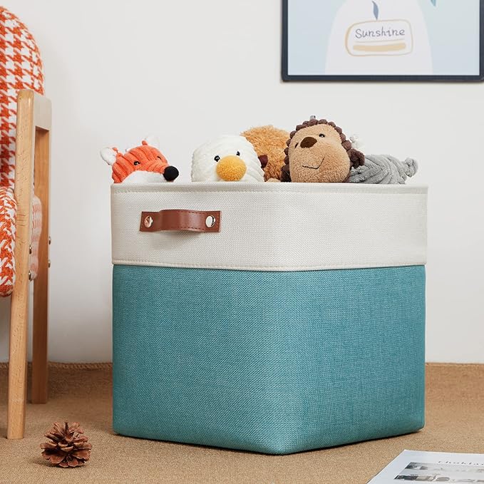 DULLEMELO Square Storage Cubes Baskets for Gifts Empty, 12 inch Cube Stroage Bins Linen Closet Organizers and Storage Baskets for Toy Nursery Shelves Bedroom Storage(4 Pack - 12" White&Teal)-DeskLoop Office