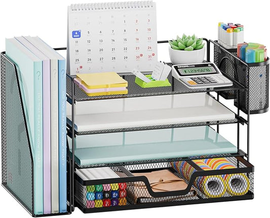 Marbrasse Desk Organizer and Accessories,4-Tier Paper Letter Tray Organizer with File Holder, Desk Accessories & Workspace Organizers with Drawer and 2 Pen Holder (Black, 15.4" x 9.1" x 8.3")-DeskLoop Office