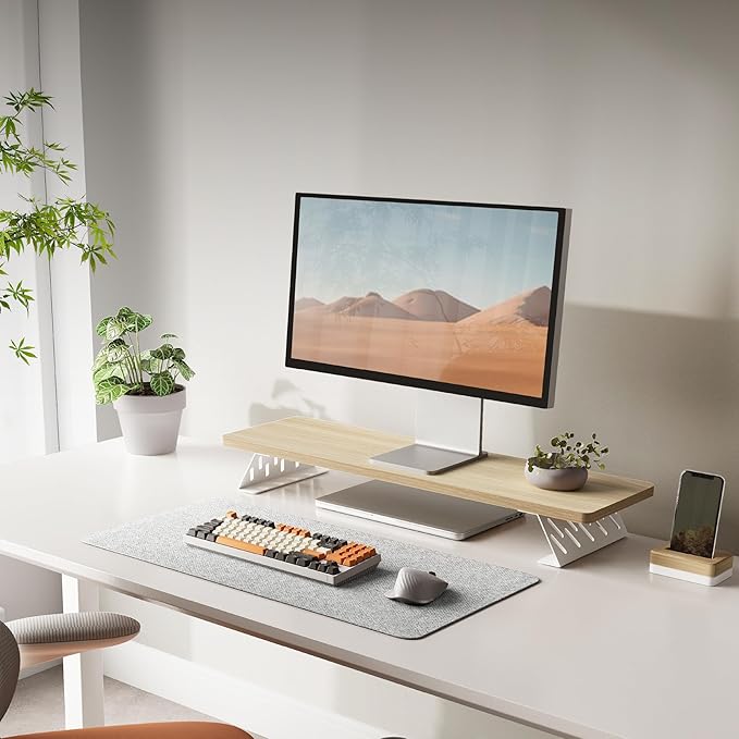 Fenge Monitor Stand Riser, Desk Top Shelf for 2 Monitors, Computer Stands for Desk, Wood & Steel Desktop Riser for Laptop, PC, Printer-DeskLoop Office