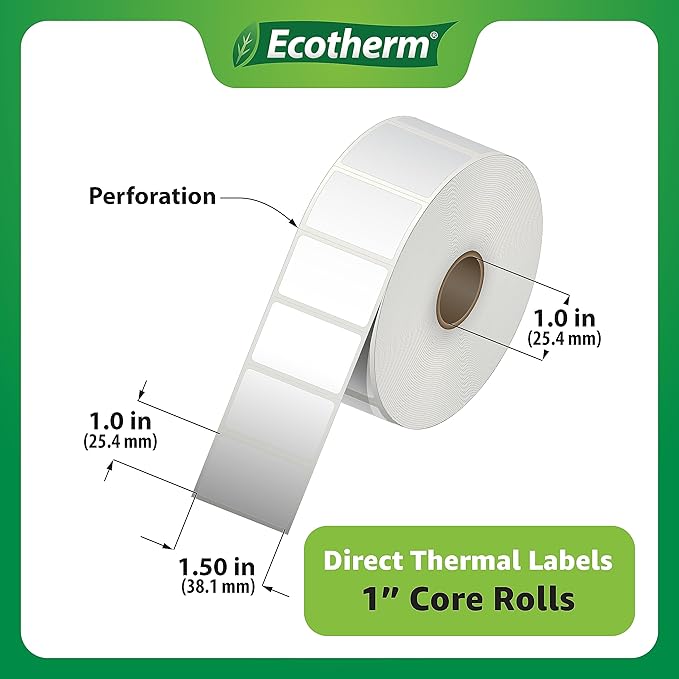 1.5" x 1" Thermal Labels | 4 Rolls | 5300 Labels | fits Zebra, Godex, Arkscan, iDPRT, Offnova Thermal Label Printers and More | Blank White Adhesive Stickers by Ecotherm-DeskLoop Office