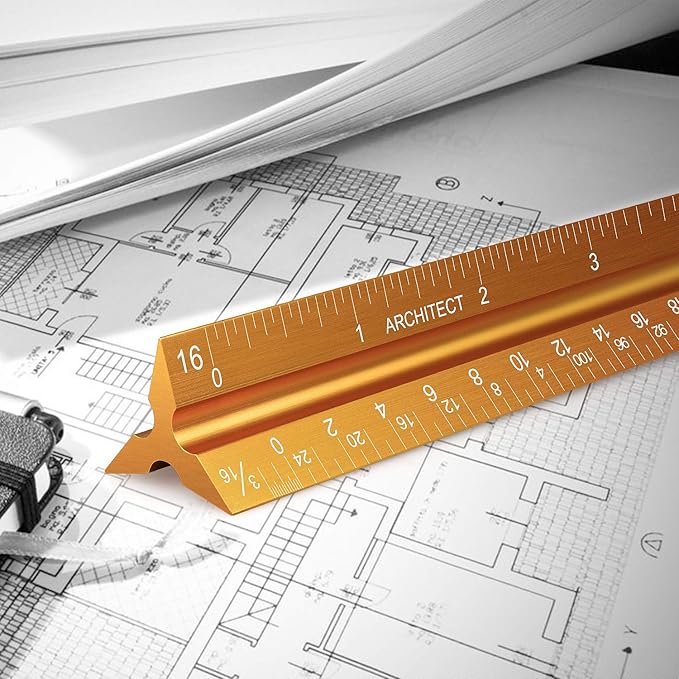 12" Architectural Scale Ruler Aluminum Architect Scale Triangular Scale Ruler for Architects, Draftsman, Students and Engineers, Golden-DeskLoop Office