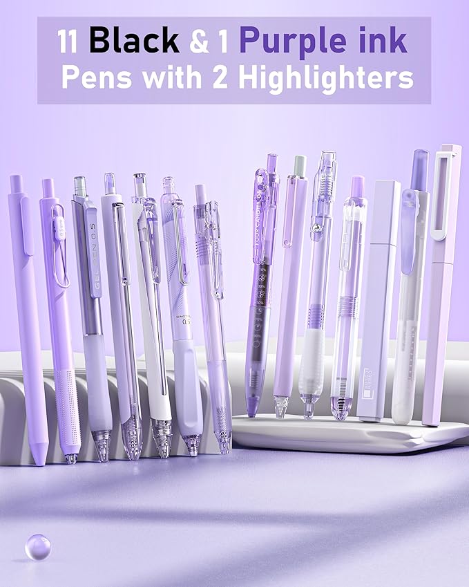 Four Candies 14Pack Pastel Gel Ink Pen Set,Cute Retractable 0.5mm Fine Point Pen,11 Pack Black Ink and 1 Pc Purple Ink Pens with 2Pcs Highlighter for School, Office, Mothers Day Gifts(Purple)-DeskLoop Office