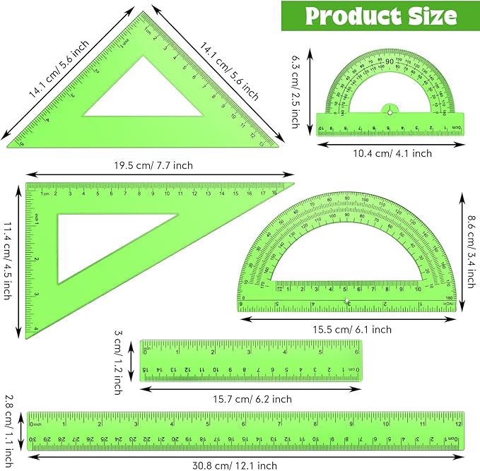 Tenare 6 Pcs Plastic Ruler Math Set Includes 12 Inch 6 Inch Straight Protractor Triangle Geometry Transparent Math Ruler Measuring Tools for School Office Home(Green)-DeskLoop Office