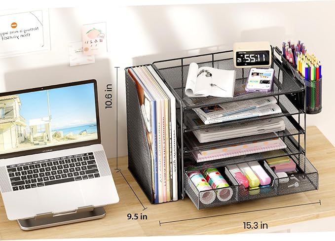 Desk Organizers and Accessories, 5-Tier Paper File Organizer with Drawer & Pen Holder, Office Desk Accessories Workspace Desktop Organizer for Office Supplies(Black)-DeskLoop Office