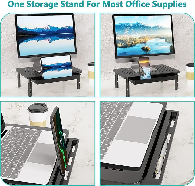 WALI Computer Monitor Stand with Storage, Desk Monitor Riser 3 Height Adjustable, Laptop Riser with Airflow Vents, Desk Organizer for Computer, Laptop, Printer, Notebook (STT003D-B), 1 Pack, Black-DeskLoop Office