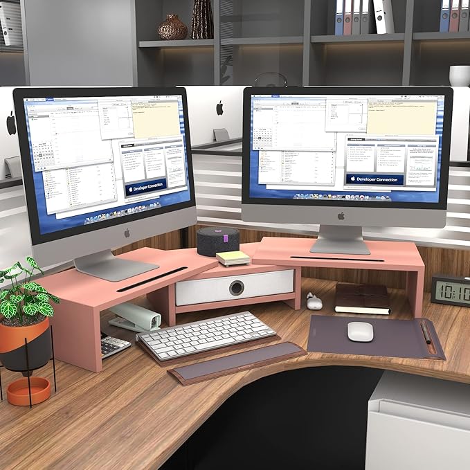 WESTREE Dual 3 Shelf Computer Riser with Drawer, Adjustable Length and Angle, Desktop 2 Monitor Stand Storage Organizer-DeskLoop Office