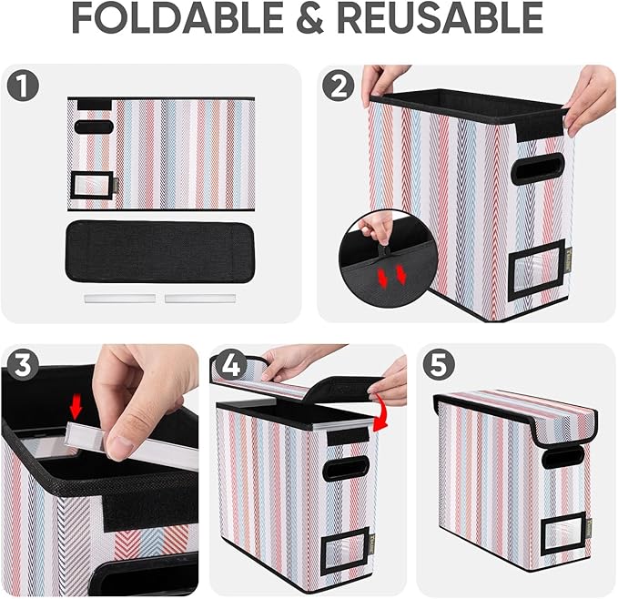 BALEINE File Organizer Box with Lid, Collapsible File Folder Organizer with Plastic Slide, Hanging File Folder Box for Office Document Storage (2 Pack, Color Stripe, S)-DeskLoop Office