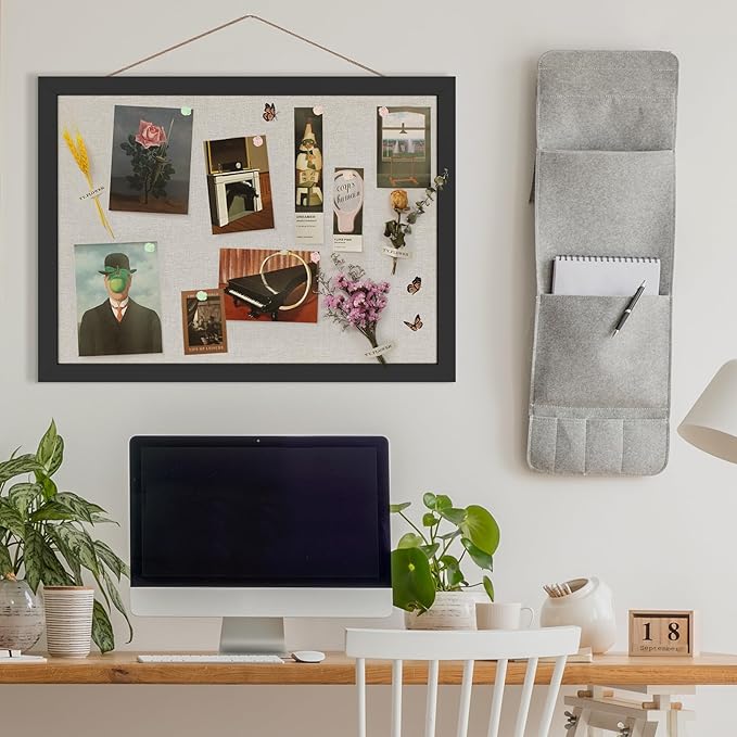 Cork Board Bulletin Board 16.7" x 11", Small Linen Corkboards with Frame for Walls, Cute Picture Display Pin Board Vision Board for Room School Office Bedroom 8 Pushpins Vintage Black-DeskLoop Office