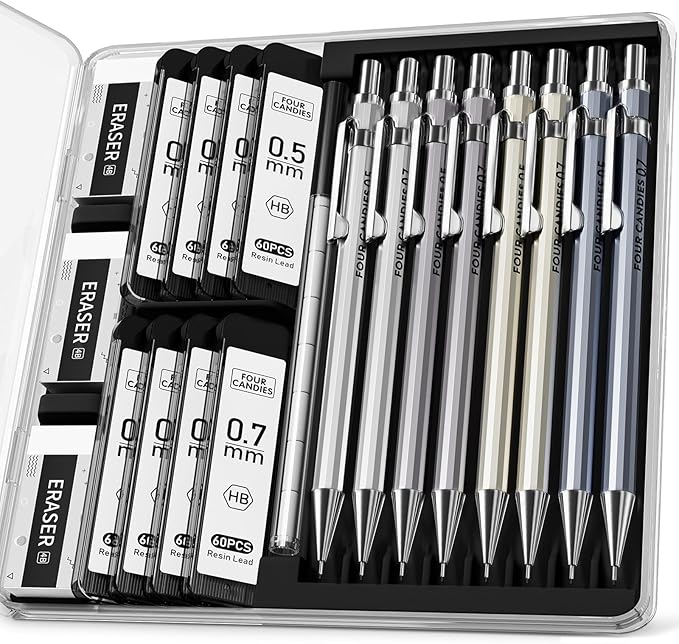 Four Candies 8PCS Metal Mechanical Pencils - 0.5 & 0.7mm with 8 Tubes HB #2 Lead Refills, Eraser Set and Eraser Refills, 20-Count Pack with Case, Lead Pencils Mechanical for Writing, Drawing, Drafting-DeskLoop Office