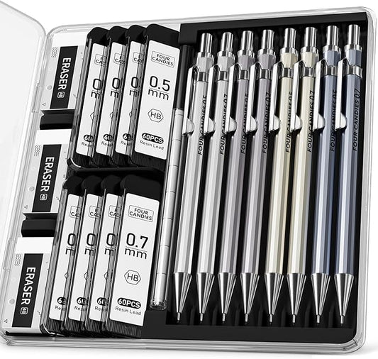 Four Candies 8PCS Metal Mechanical Pencils - 0.5 & 0.7mm with 8 Tubes HB #2 Lead Refills, Eraser Set and Eraser Refills, 20-Count Pack with Case, Lead Pencils Mechanical for Writing, Drawing, Drafting-DeskLoop Office
