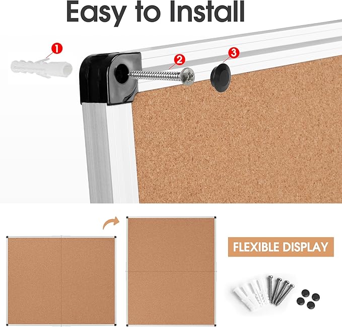Board2by Extra Large Cork Bulletin Board 48" X 48", Foldable Notice Pin Board for Wall, Silver Aluminum Framed 4'x4' Corkboard, Wall Mounted Noticeboard with 36 Push Pins for School, Home & Office-DeskLoop Office