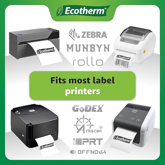 4" x 2.5" Thermal Labels | 4 Rolls | 2400 Labels | fits Zebra, Munbyn, Rollo, Godex, Arkscan, iDPRT, Offnova Thermal Label Printers and More | Blank White Adhesive Stickers by Ecotherm