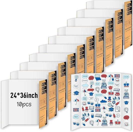 10 Pack Trifold Poster Board, IKAYAS 24" X 36" Single sided White Tri-fold Poster Boards, Science Fair Display Boards Posterboard Foamboard for Mounting, Art, Display, Projects Classroom Supplies-DeskLoop Office