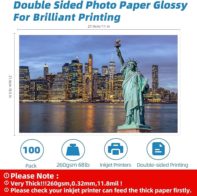 Uinkit Thick Photo Paper Glossy Double Sided 100 Sheets 8.5x11 Heavyweight 68lb 260gsm Inkjet Both Sides Printable 11.8mil A4 Letter size Flyer Bulk Pack 8.5 x 11 Card paper postcard postal A189-DeskLoop Office