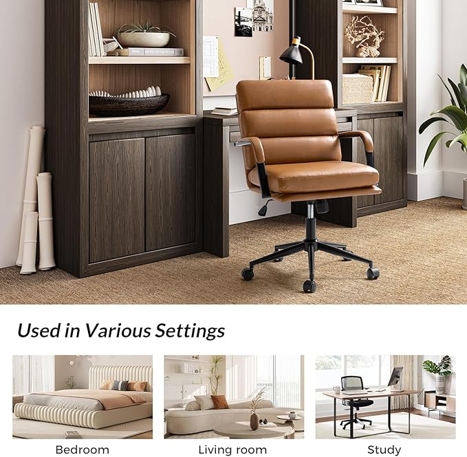 HULALA HOME Modern Faux Leather Home Office Chair with Tilt Lock & Metal Base, Desk Chair with Wheels & Padded Cushion, 360° Swivel Wide Seat Computer Task Chair, Camel-DeskLoop Office