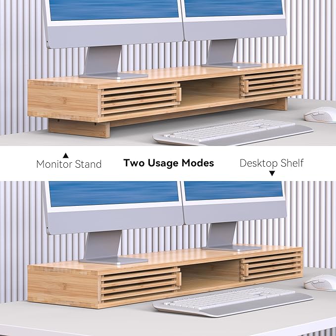 Dual Monitor Stand Riser with Sliding Door, Double Computer Laptop Stand Desk Shelf Organizer with Storage (Natural Bamboo, 38 Inch)-DeskLoop Office