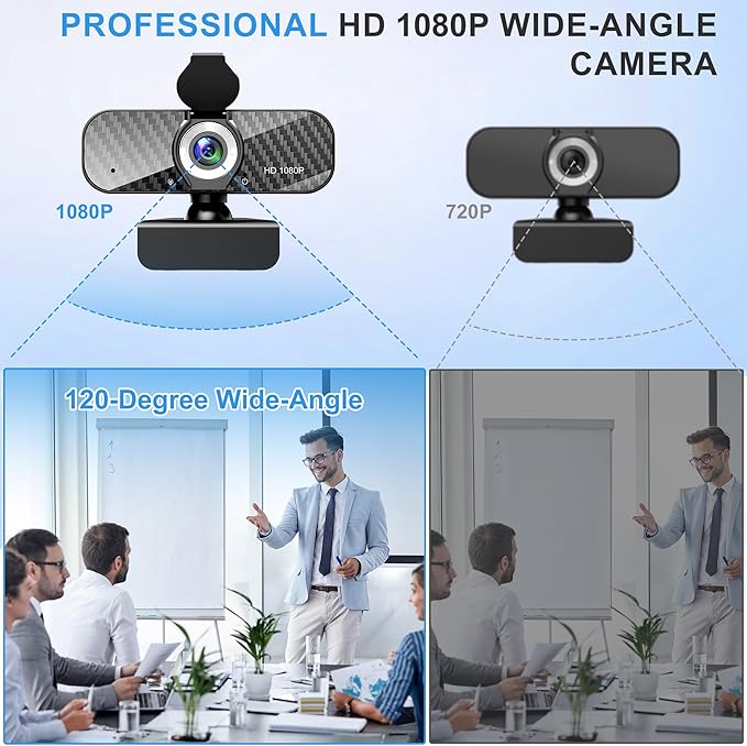 Webcam Full HD 1080P with Built-in Microphone and Rotatable Tripod, Carbon Fiber Board and Privacy Cover, Auto Light Correction, Adjustable FOV, Plug&Play for Zoom/Skype/Facetime/YouTube, Laptop/PC-DeskLoop Office