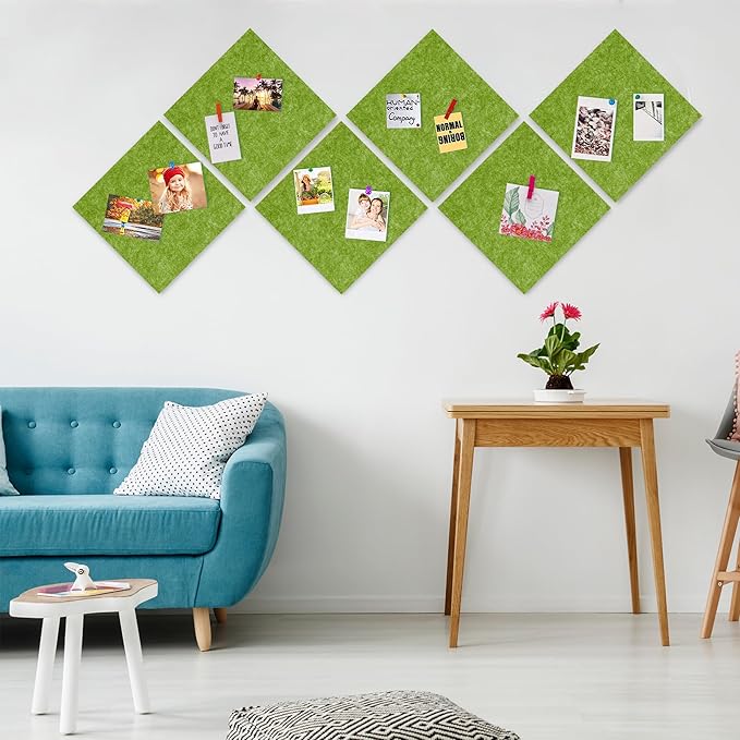 AKTOP Cork Bulletin Board 12x12, 1/2" Thick Felt Cork Board Tiles 6 Pack, Small Square Pin Board for Wall, Self Adhesive Corkboards with 60 Push Pin Wood Clips for School, Home & Office, Green-DeskLoop Office
