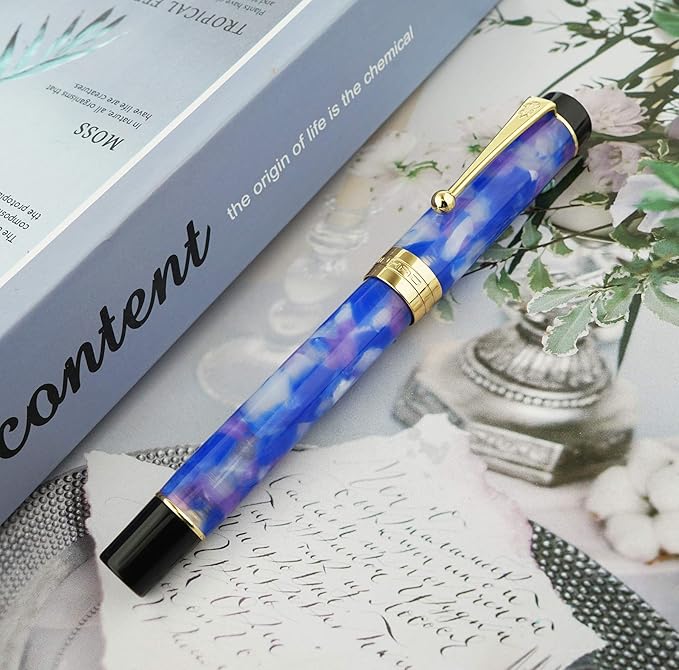 Jinhao 100 Fountain Pen Celluloid Classic Style, #6 Nib Smooth Writing Instrument with Refillable Converter and Pen Case Set-DeskLoop Office