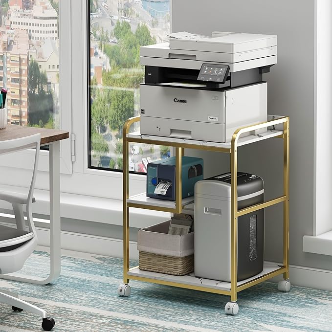 Large Printer Table Stand with Shelf for Computer Tower, CPU and Shredder, 22 x 18 Inch Rolling Printer Cart with Wheels for Home Office Storage and Organization - White Gold-DeskLoop Office