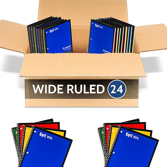 EPI Spiral Notebook | 5 Subject - Wide Ruled - 180 Sheets, Durable Spiral Binding | 10.5 x 8 in | Classroom Supplies | School, Office, Note Taking, Journaling - 24 Pack-DeskLoop Office