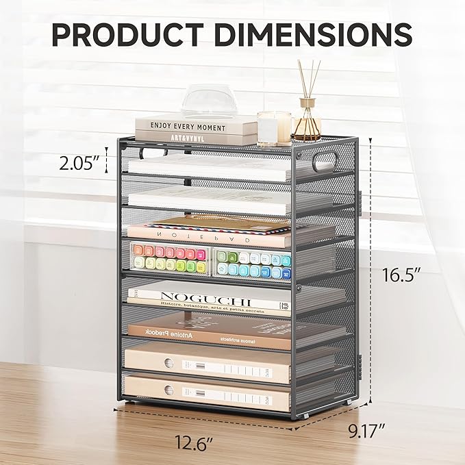 SUBEKYU 9 Tier Paper Organizer for Desk - Gray Metal Mesh Letter Tray File Paper Sorter Organizer Include 6 Pcs Adjustable Height Slid Tray with Handles for Office School Home Organization Storage-DeskLoop Office