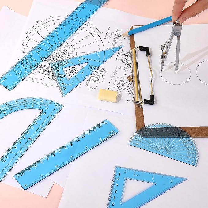 Zonon 1 Set Plastic Geometry Math Set Includes Drawing Compass, 6 Inch 4 Inch Protractor, 45/60 Degree Triangle Rulers 12 Inch 6 Inch Math Ruler Transparent for Office Supplies(Blue)-DeskLoop Office