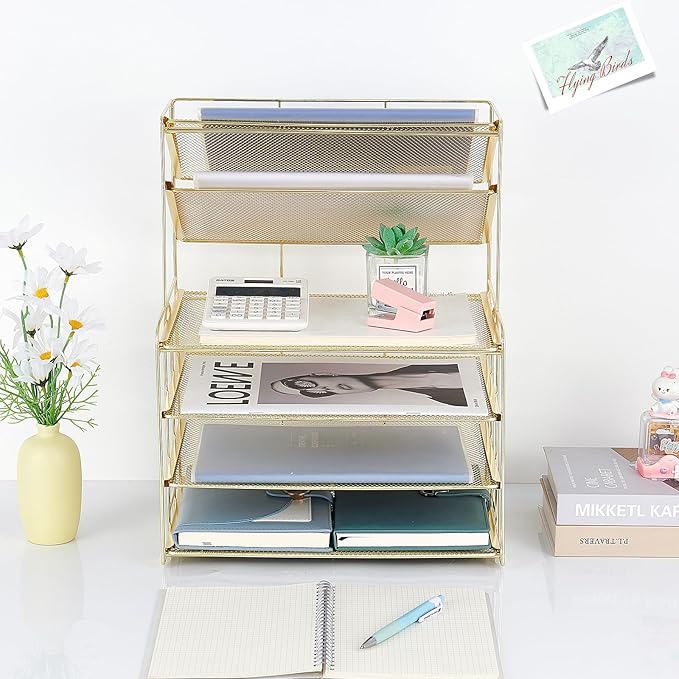 6-Tier Letter Tray Paper Organizer, Desk Organizers and Accessories, Desktop File Organizer, Office Desk Accessories for Office Supplies (Gold)-DeskLoop Office
