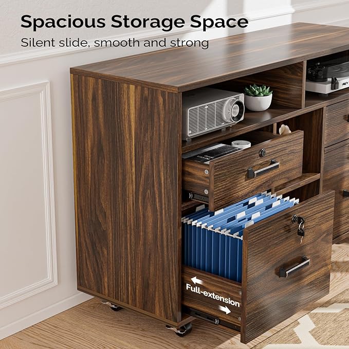 VINGLI Dark Brown Wood Lateral File Cabinet with Lock, 4 Drawer & 4 Open Shelves, Rolling File Cabinet for Home Office, Letter Sized-DeskLoop Office