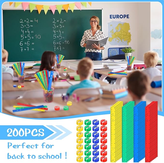 100 Pcs Plastic Rulers and 100 Pcs Mini Round Manual Pencil Sharpener Bulk, 4 Assorted Colors Pocket Sized Pencil Sharpeners Colorful Straight Ruler Back to School Supplies for Kids (Fresh,12 Inch)-DeskLoop Office