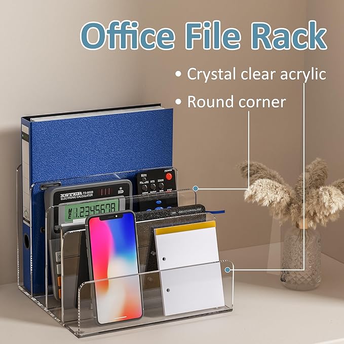 Acrylic File Holder 4 Compartment, Clear Desk File Organizer, Acrylic Organizer for Books, Phone, Ipad, Envelope, Notebook, Calculator-DeskLoop Office