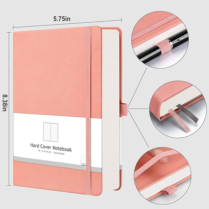 AHGXG Bullet Dotted Journal - 320 Numbered Pages Dot Grid Notebook A5 Thick Journal, 100gsm Thick Dotted Paper, Leather Hardcover,Inner Pocket, 5.75'' × 8.38'' - Pink-DeskLoop Office