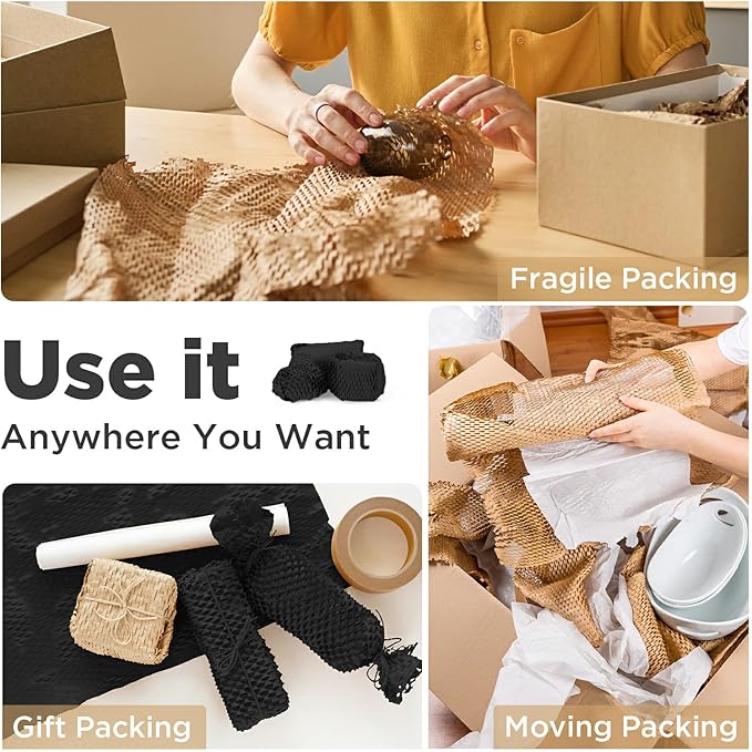 Honeycomb Packing Paper, 12"x150' Black | Perforated Honeycomb Packing Paper Recyclable Moving Supplies for Shipping & Moving | Plastic-Free Alternative to Bubble Cushion Wrap with 36 Fragile Stickers-DeskLoop Office