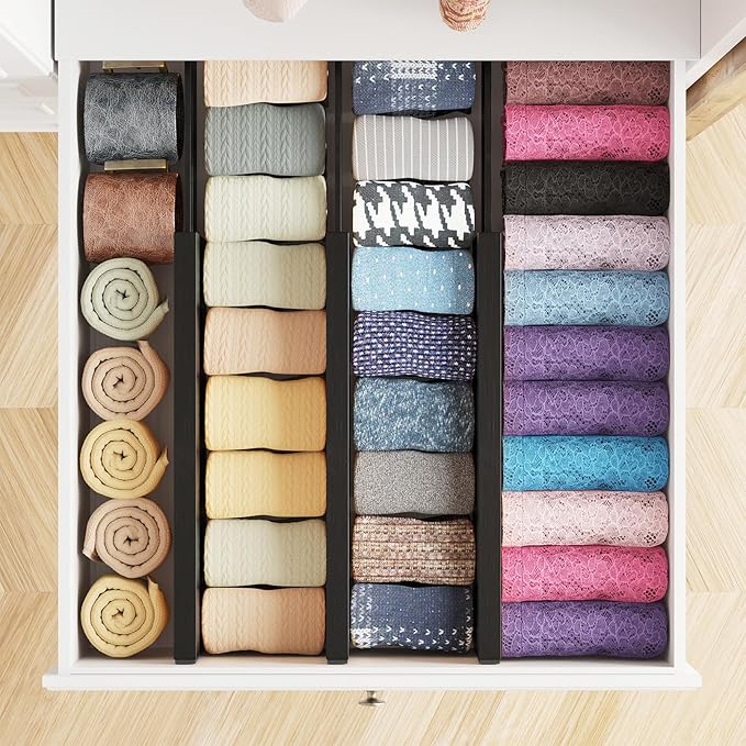 SpaceAid Bamboo Dresser Drawer Dividers 6 Pack, 4.65“ High Adjustable 12.5“-17” Drawer Organizers, Expandable Organization for Clothing, Clothes, Dressers, Black-DeskLoop Office