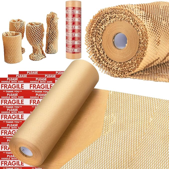 Honeycomb Packing Paper, MINHAO 15"x500' Eco Friendly Packing Paper for Moving Recyclable Honeycomb Paper Moving Supplies Bubble Paper Wrapping Protective Roll, With 36 Fragile Sticker Labels-DeskLoop Office