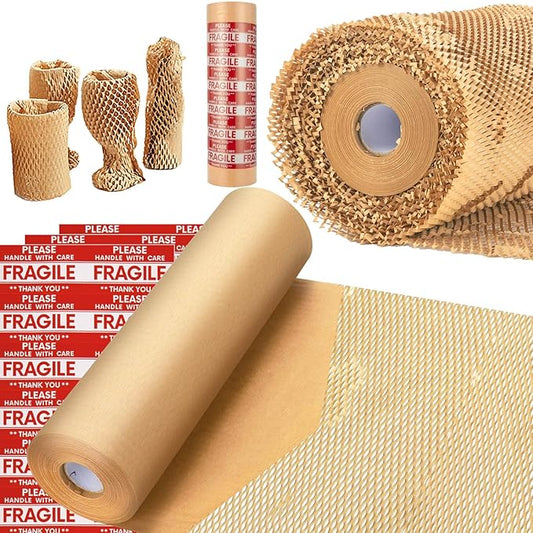 Honeycomb Packing Paper, MINHAO 15"x300' Eco Friendly Packing Paper for Moving Recyclable Honeycomb Paper Moving Supplies Bubble Paper Wrapping Protective Roll, With 36 Fragile Sticker Labels-DeskLoop Office