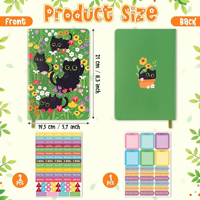 B1ykin Hardcover Ruled Journal Notebook with Planner Stickers, 196 Pages PU Leather Journal Notebook Journals Diary Notepad for Writing Travel Business Work School College Taking (Black Cat Floral)-DeskLoop Office