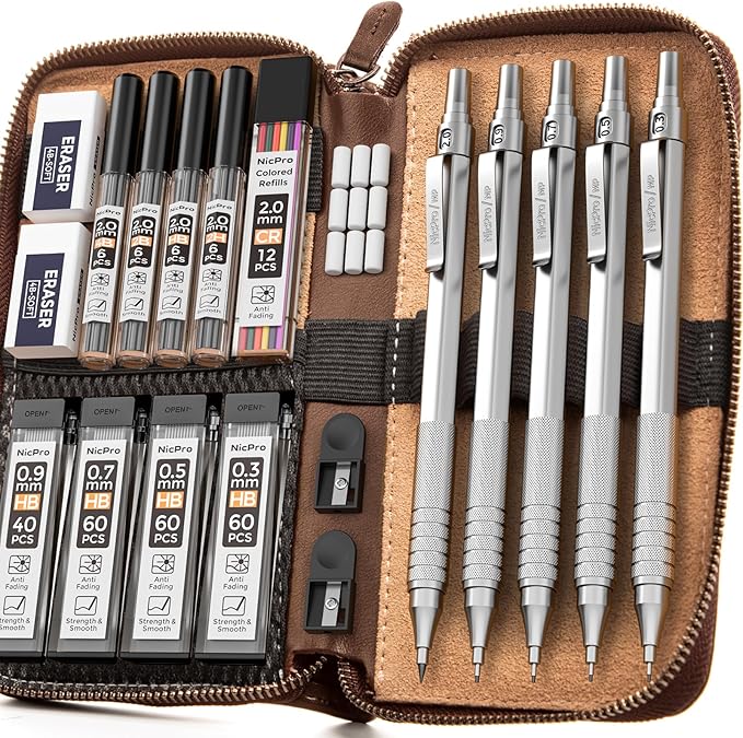 Nicpro 20PCS Metal Mechanical Pencil Set in Leather Case, Art Drafting Pencil 0.3, 0.5, 0.7, 0.9 mm & 2mm Lead Holders, 9 Tube (4B 2B HB 2H Colors) Lead Refills, Erasers For Sketching Drawing-DeskLoop Office