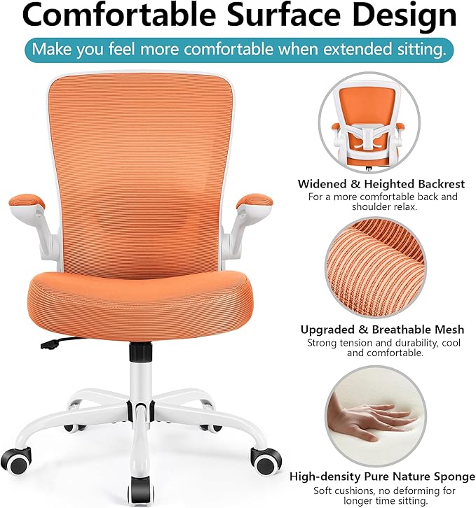 FelixKing Office Chair, Ergonomic Desk Chair Breathable Mesh Chairs with Adjustable High Back Lumbar Support Flip-up Armrests, Executive Swivel Comfy Task Computer Chairs for Home Office Sunset Orange-DeskLoop Office