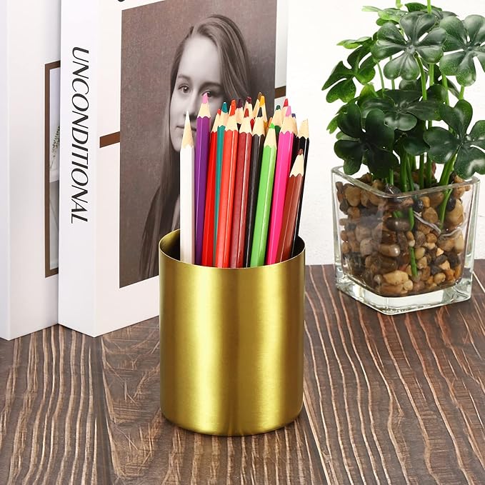 PATIKIL Pencil Holder, 3 Pack Pen Holder for Desk Stainless Steel Pencil Holders Cup Organizer Makeup Brush Holder for Desk Accessories, Golden-DeskLoop Office