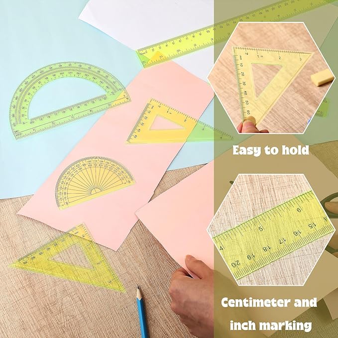 Tenare 1 Set Plastic Clear Math Set Includes Protractor Triangle Rulers 12 Inch 6 Inch Straight Geometry Math Transparent Ruler Measuring Tool for School Office Home Supplies(Yellow)-DeskLoop Office
