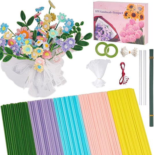 500 PCS Pipe Cleaners Craft Kit for Flower Making Daisy DIY Material Bundle with 20 Stems, 100 Stamens, Ribbon, Tulle, Glue Sticks & Step-by-Step Guide - Vibrant Colors, Non-Shedding, Fade-Resistant-DeskLoop Office